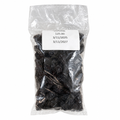Bag of dark dried fruit on a white background