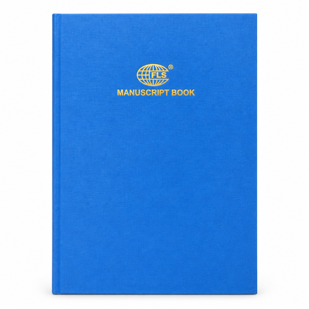 Blue FLS manuscript book on a clean white background