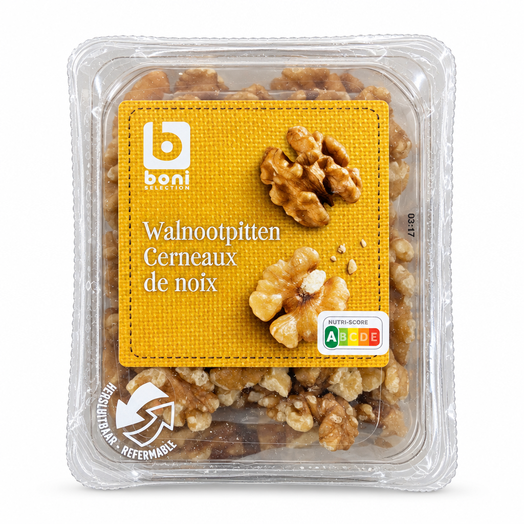 Boni Selection walnut kernels tub on a white background