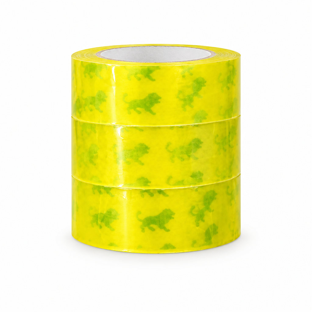 Bundle of yellow tape rolls with green printed markings on a clean white background