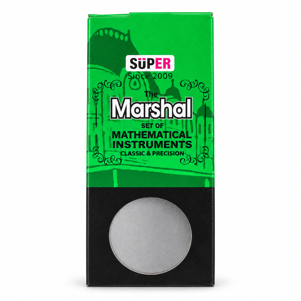 Green and black Super The Marshal mathematical instruments set box on a clean white background