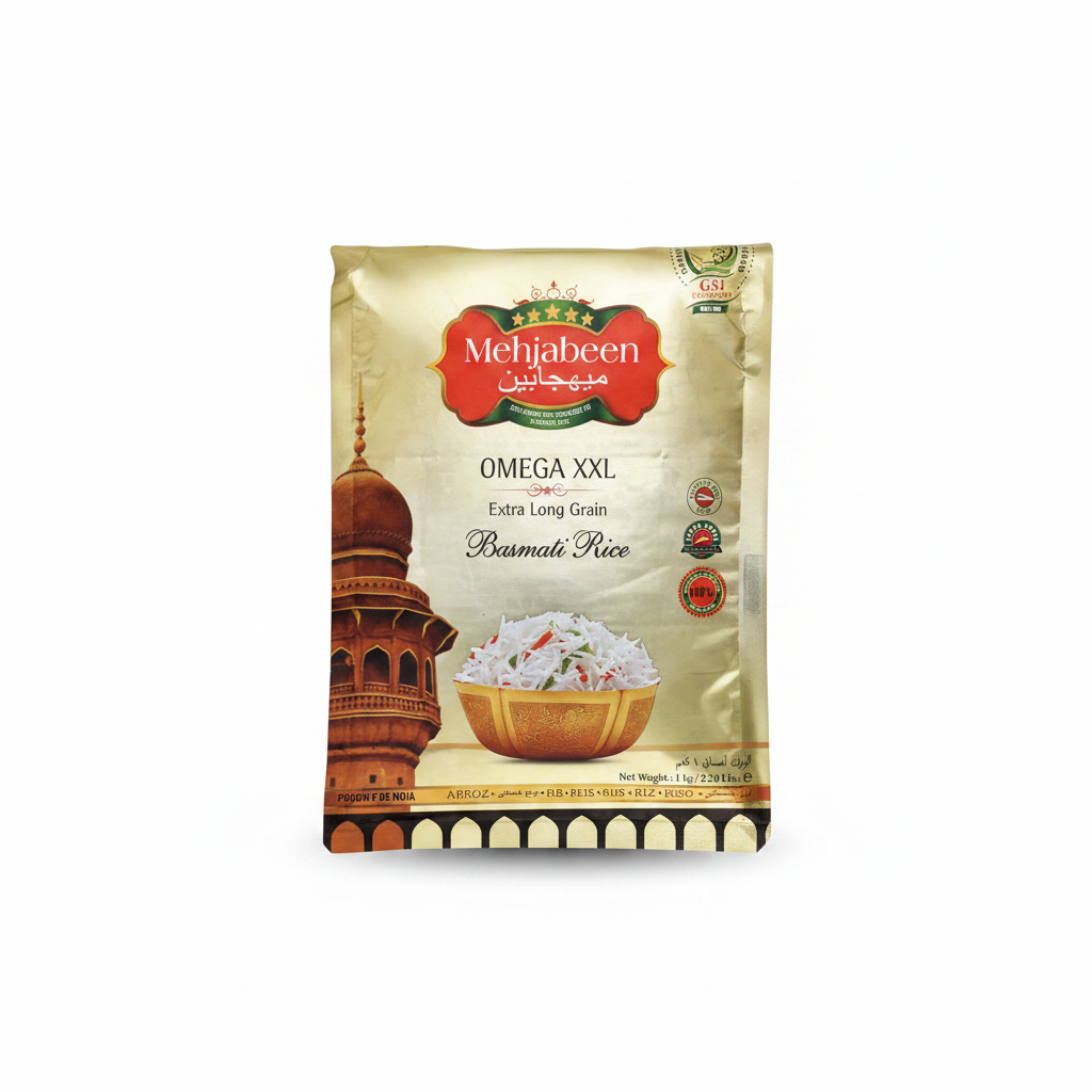 Mehjabeen Omega XXL Basmati Rice 1kg - White Background