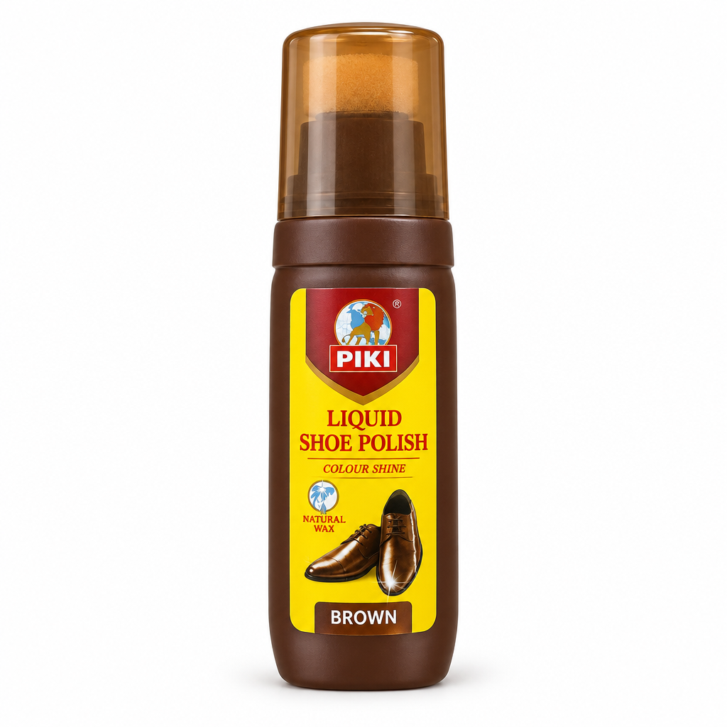 PIKI brown liquid shoe polish 75 mL bottle on a clean white background