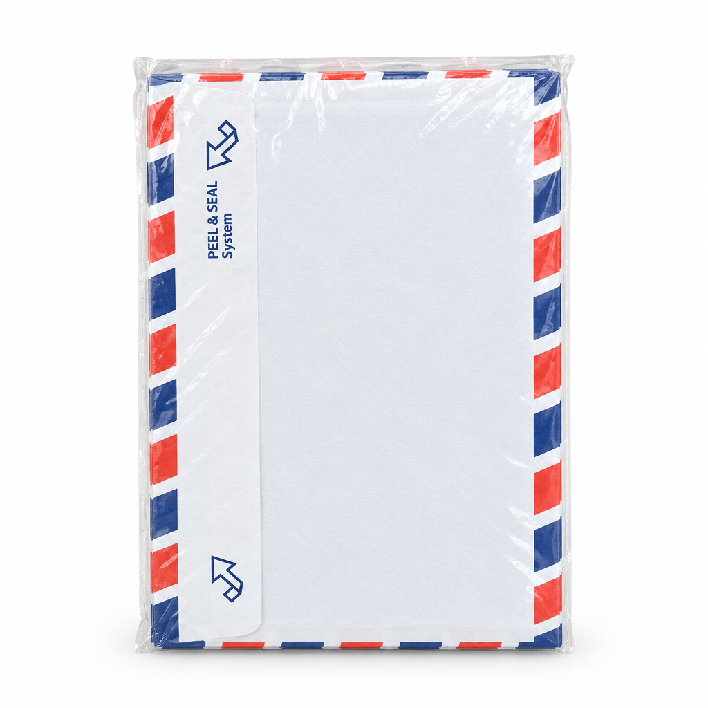 Plastic-wrapped pack of white Peel & Seal envelopes with a red-and-blue border on a clean white background