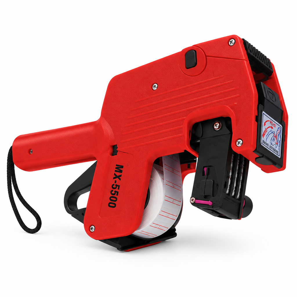Red and black MX-5500 price labeler on a clean white background