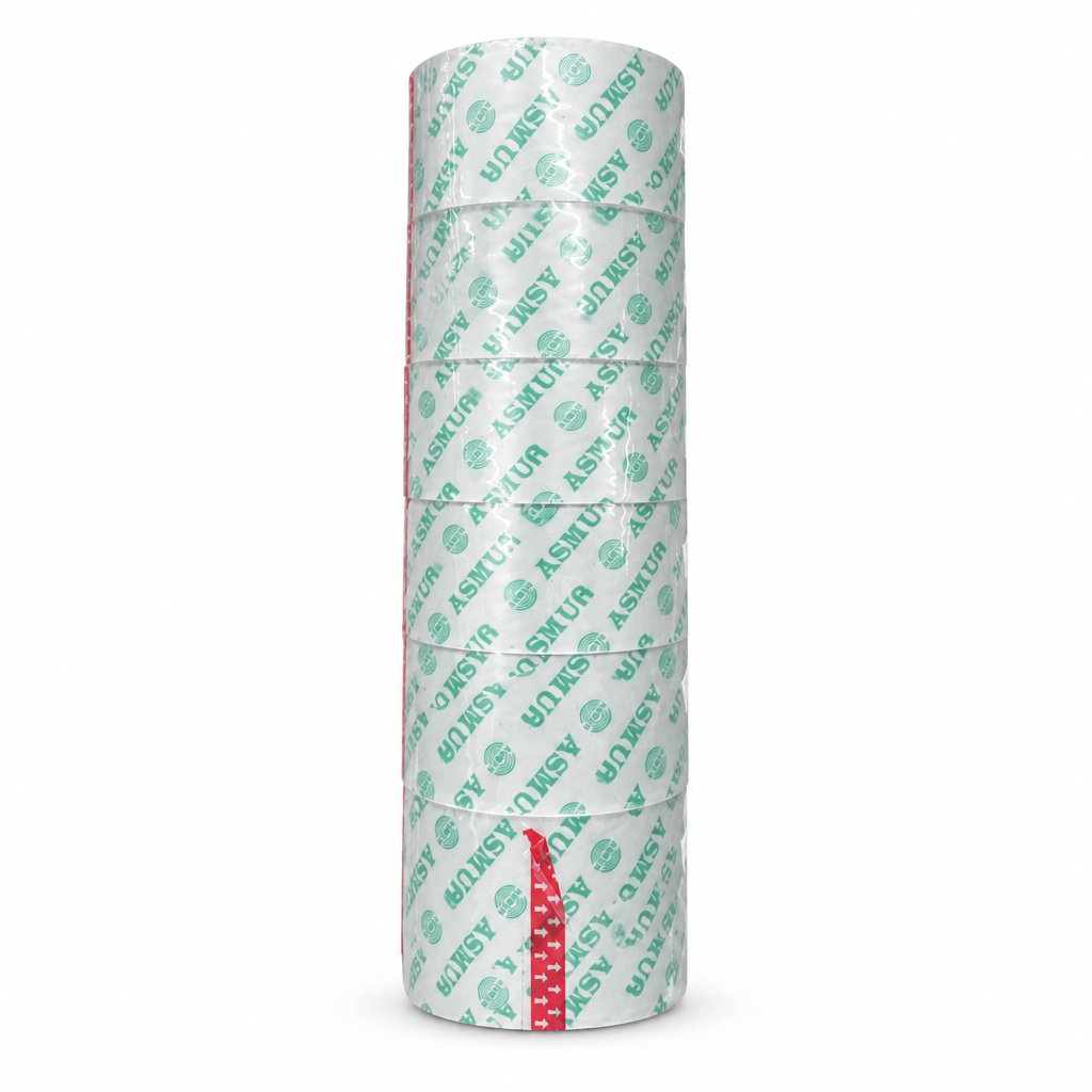 Shrink-wrapped pack of white masking tape rolls on a clean white background