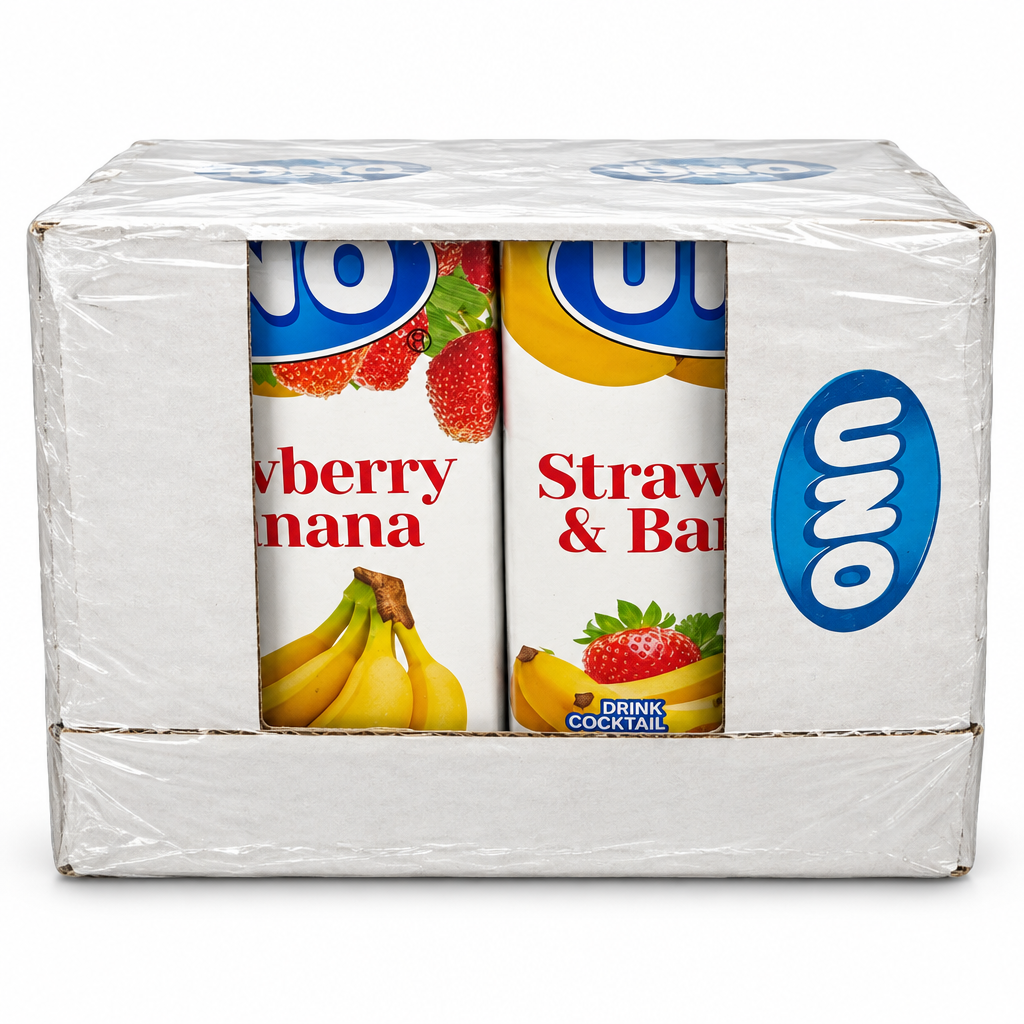 Shrink-wrapped UNO Strawberry & Banana juice case of 8 one-litre cartons on a clean white background