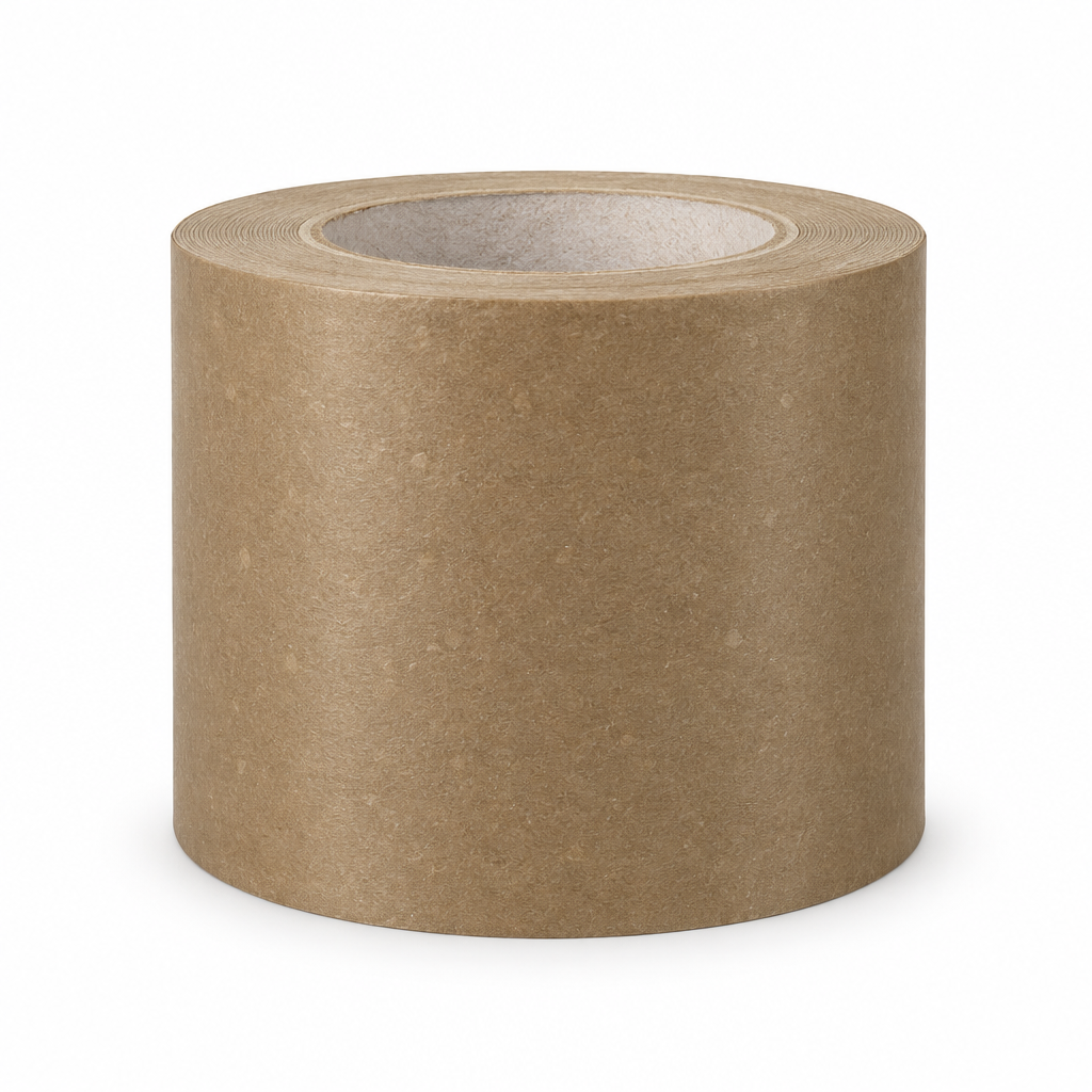 Single brown masking tape roll on white