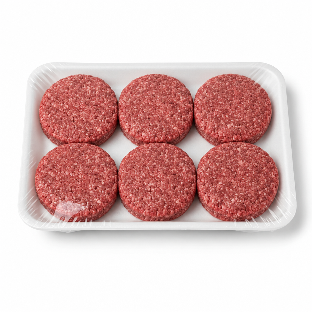 Six burger patties on a white tray